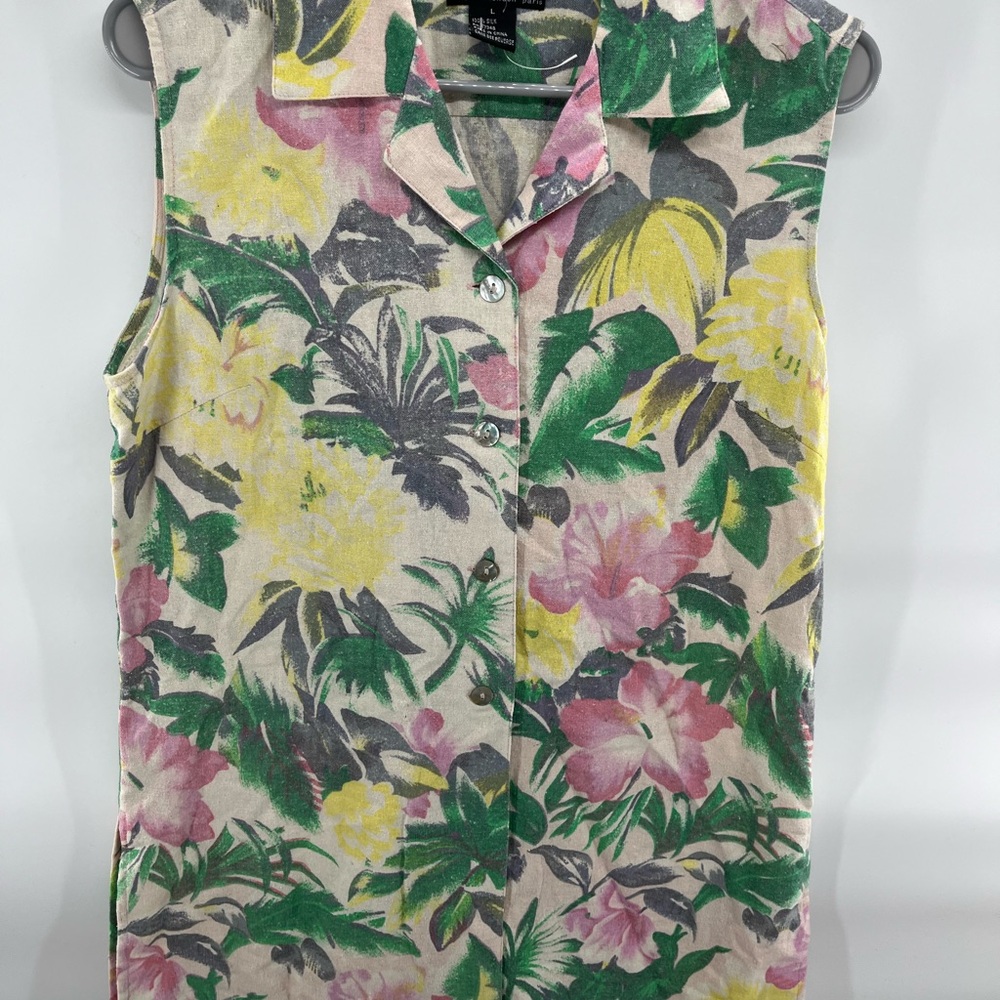 Women's Robert Louis floral print sleeveless button-down shirt 100% Silk Large L